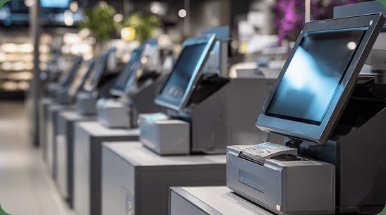 A bank of self-checkout terminals in a European grocery store