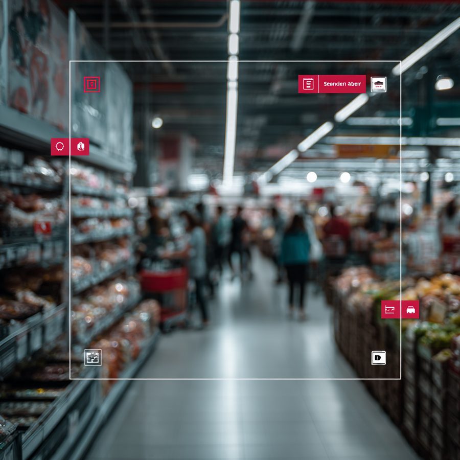 A supermarket aisle with detection overlays, showing AI running in the background